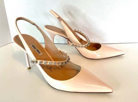 Miu Miu Shoes - Miu Miu Light Pink Patent Leather Crystal Embellished Slingback Pumps Heel Sz 40